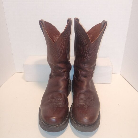 JUSTIN Men's Sz 9.5D Brown Leather Pull-on Round Toe Western Work Boots - Picture 3 of 12